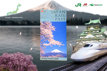 Composite image featuring a scenic view of Mount Fuji with cherry blossoms in the foreground on the left, a Japan Rail (JR) Pass in the center displaying a picture of cherry blossoms and Mount Fuji, and on the right, a Shinkansen (bullet train) with a Japanese castle in the backdrop. Logos of JR East, National Wide, and Tourist can be seen at the top.