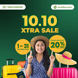 The image depicts an advertisement for Kura-Kura Bus promoting their "10.10 XTRA SALE". The background is predominantly green. A young woman, with a cheerful expression, is centered in the image. She wears a blue floral blouse and a straw hat. She's signaling the number 'two' with both hands. Around her are colorful suitcases, suggesting travel. The top of the image has bold white text that reads "10.10 XTRA SALE". In the upper left corner, there's a logo that says "KURA-KURABUS", and in the upper right corner is a website address "kurabus.com". An important detail is the date range "1-31 October 2023" displayed prominently at the bottom left, indicating the duration of the sale. Next to this, there's an even more emphasized text, "PROMO DISCOUNT 20% OFF", signifying the discount being offered during this sale period. Overall, the ad conveys a special sale for the month of October, where travelers can avail a 20% discount on Kura-Kura Bus services.