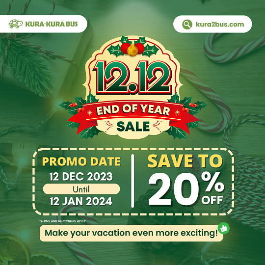 The image is a promotional graphic for Kura-Kura Bus's 12.12 End of Year Sale. It features a festive design with a central emblem reading "12.12" against a red and green holiday-themed badge adorned with holly and Christmas ornaments. Below the emblem, the words "END OF YEAR SALE" are prominently displayed. The promotion details are clear: the sale starts on 12 Dec 2023 and lasts until 12 Jan 2024, offering savings of up to 20%. The call to action at the bottom, "Make your vacation even more exciting!", is set against a green tropical leaf background, suggesting a holiday vibe. The Kura-Kura Bus logo is at the top left, and their website, kura2bus.com, is at the top right. The terms and conditions are noted to apply, indicating that more details are available, likely on the website.