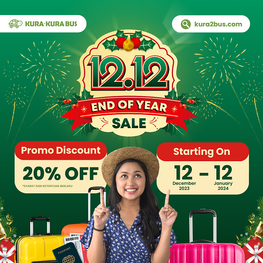The image is a colorful advertisement for the "12.12 End of Year Sale" by Kura-Kura Bus. It features a smiling woman with a straw hat pointing upwards with both hands to the sale information. The background is festive with greenery and fireworks graphics. At the top, the Kura-Kura Bus logo and website address, kura2bus.com, are visible. The central part of the image highlights the "12.12" sale date in bold red and white numbers, surrounded by a decorative holiday-themed badge with holly and stars. The sale offers a "Promo Discount" of "20% OFF" and runs from "12 December 2023" to "12 January 2024". Brightly colored suitcases at the bottom suggest travel and adventure. The text and imagery together promote a holiday sale event for a bus tour company.