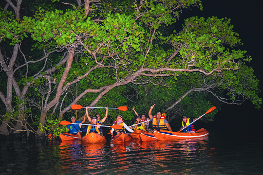 Joyful kayakers waving and paddling at night through Bali's mangrove forest, illuminated by a flash and framed by green foliage.