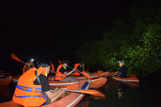 Kayakers equipped with headlamps in Bali's mangroves at night, with a focus on the interaction between the participants and the nocturnal environment.